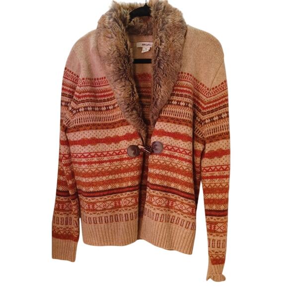 VTG Skyr Wool Cardigan Sweater Removable Faux Fur Collar Fair Isle Size XL 80s - Picture 3 of 6